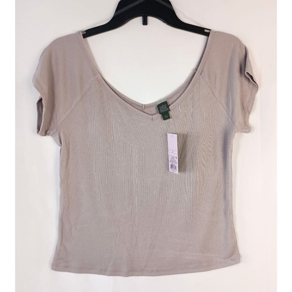 Wild Fable Cropped Ribbed Double V Neck Tee Nickel Gray Stretch Women L NWT - Picture 1 of 5
